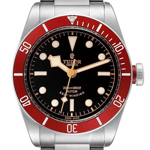 The Tudor Heritage Black Bay 79220R Men's Stainless Steel Black Dial 79220R Men's Stainless Steel Black Dial watch is shown from the front, displaying the dial, bezel, and part of the bracelet.