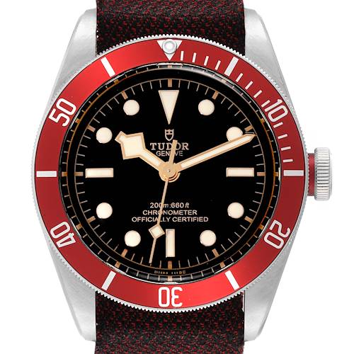 This image shows a front view of the Tudor Heritage Black Bay 79230R Men's Stainless Steel Black Dial 79230R Men's Stainless Steel Black Dial watch, featuring its red bezel, black dial, and luminescent markers.