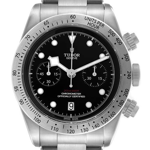 The Tudor Heritage Black Bay 79350 Men's Stainless Steel Black Dial 79350 Men's Stainless Steel Black Dial watch is shown from the front, displaying the face, bezel, and crown.