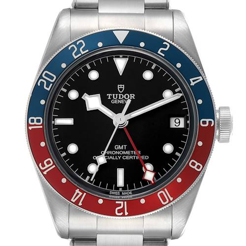 The Tudor Heritage Black Bay 79830RB Men's Stainless Steel Black Dial watch is shown from the front, highlighting its bezel, dial, and crown.
