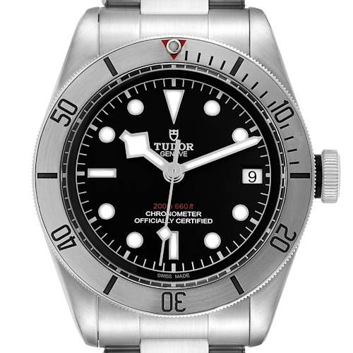 The Tudor Heritage Black Bay 79730 Men's Stainless Steel Black Dial 79730 Men's Stainless Steel Black Dial watch is shown from the front, highlighting its dial, bezel, and crown.