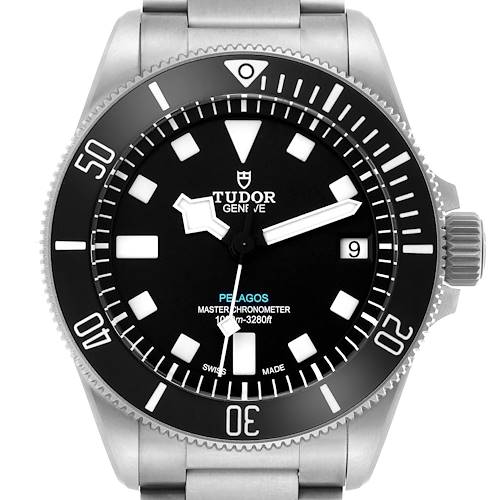 The Tudor Pelagos model M2543C1A7NU-0001 watch is shown from a frontal angle, displaying the dial, bezel, bracelet, and crown.