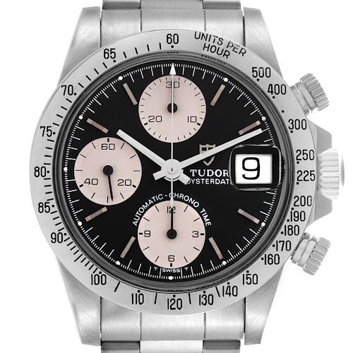 The image shows a frontal view of the Tudor Prince 79180 Men's Stainless Steel Black Dial 79180 Men's Stainless Steel Black Dial watch, highlighting its dial, bezel, and crown.