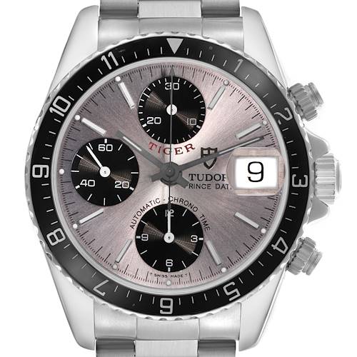 The Tudor Prince 79270 Men's Stainless Steel Silver Dial 79270 Men's Stainless Steel Silver Dial watch is shown from the front, highlighting its dial, sub-dials, bezel, crown, and date window.