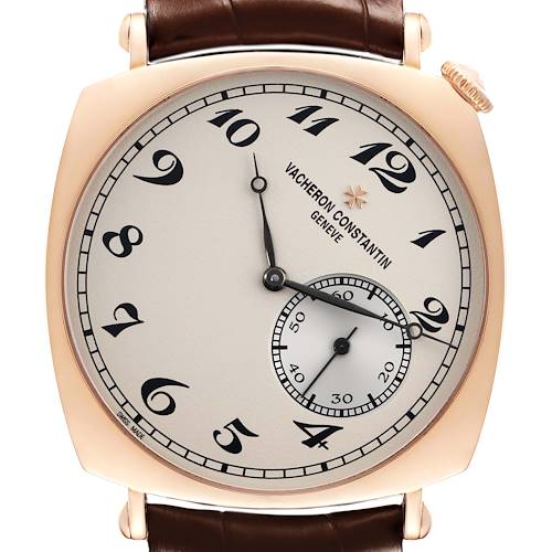 The Vacheron Constantin Historiques 82035/000R-9359 Men's Rose Gold Silver Dial watch is shown from the front, displaying its face, numerals, hands, and crown.