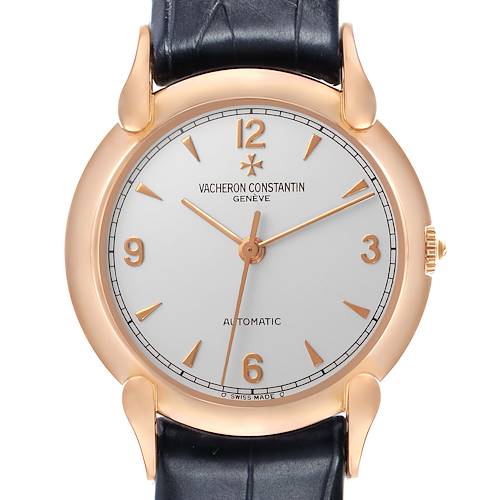 The Vacheron Constantin Historiques 48001R Men's Rose Gold White Dial watch is shown from a top view, displaying its dial, hands, case, crown, and strap.