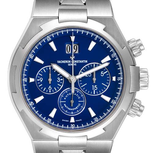 This image shows a front view of the Vacheron Constantin Overseas 49150/000A-9745 Men's Stainless Steel Blue Dial 49150/000A-9745 Men's Stainless Steel Blue Dial model watch, highlighting the blue dial, chronograph subdials, and date display.