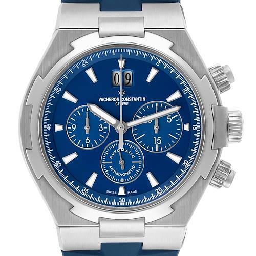 The Vacheron Constantin Overseas 49150 Men's Stainless Steel Blue Dial watch is shown from the front, highlighting its blue dial, subdials, crown, and pushers.