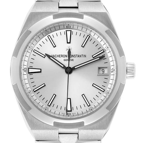 The image shows a front view of the Vacheron Constantin Overseas 4500V Men's Stainless Steel Silver Dial watch, highlighting the dial, hands, date window, and bezel.