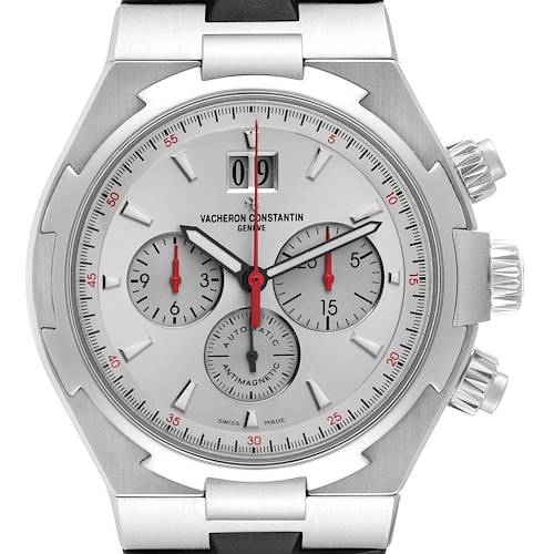 The image shows a front view of the Vacheron Constantin Overseas 49150/000A-9017 Men's Stainless Steel Silver Dial 49150/000A-9017 Men's Stainless Steel Silver Dial watch, detailing the dial, chronograph subdials, crown, and pushers.