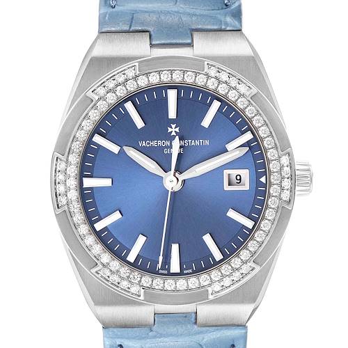 The Vacheron Constantin Overseas 1205V/100A-B590 Women's Stainless Steel Blue Dial watch is shown from a front angle, highlighting the blue dial, diamond bezel, and date function.