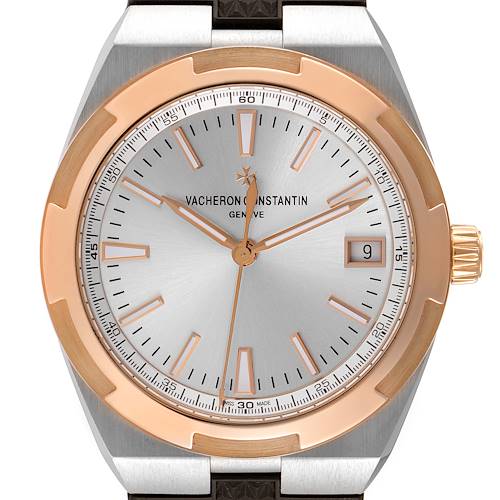 The image shows a front view of the Vacheron Constantin Overseas 4500V/000M-B127 Men's Steel and Gold (two tone) Silver Dial 4500V/000M-B127 Men's Steel and Gold (two tone) Silver Dial watch, highlighting its face, gold bezel, and crown.