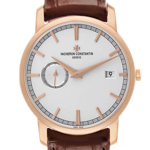 The Vacheron Constantin Traditionnelle 87172 Men's Rose Gold Silver Dial watch is shown from the front, featuring the dial, hands, subdial, date window, and crown.