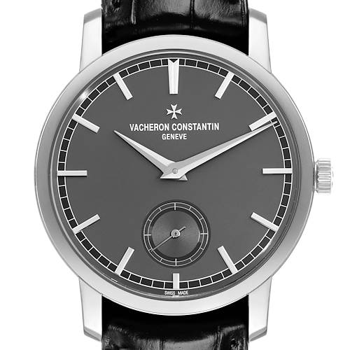 The Vacheron Constantin Traditionnelle 82172 Men's Platinum Grey Dial watch is shown from a front angle, highlighting the dial, hands, and leather strap.