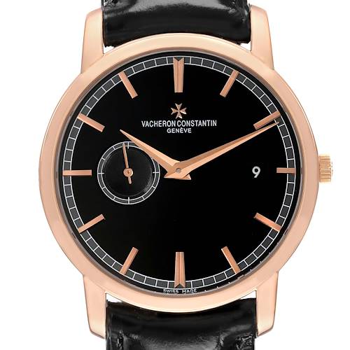 The Vacheron Constantin Traditionnelle 87172 Men's Rose Gold Black Dial watch is shown from a front angle, displaying the face, hands, and strap attachment.