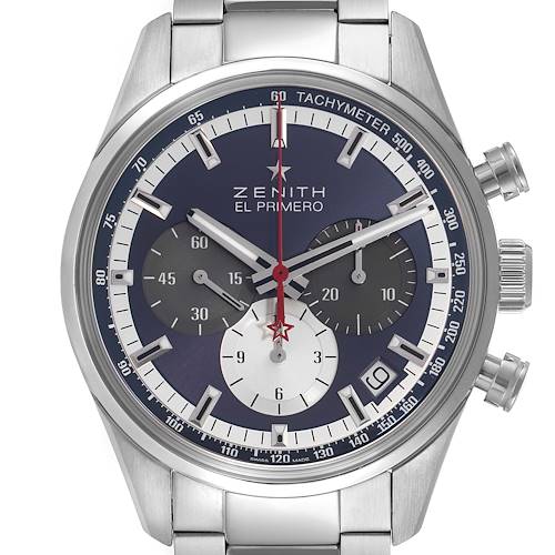 The image shows a Zenith Chronomaster 03.2150.400/53.C700 Men's Stainless Steel Blue Dial 03.2150.400/53.C700 Men's Stainless Steel Blue Dial watch from a front angle, featuring its dial, subdials, tachymeter scale, and side pushers.