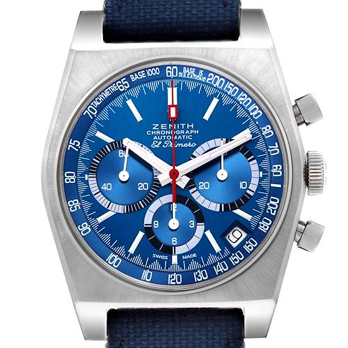 The Zenith Chronomaster 95.A3818.400/51.M3818 Men's Titanium Blue Dial 95.A3818.400/51.M3818 Men's Titanium Blue Dial watch is shown in a front view, highlighting the dial, subdials, bezel, crown, and pushers.