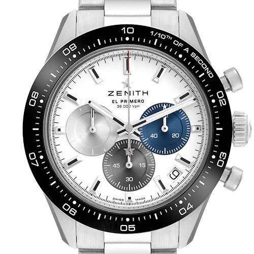 The Zenith El Primero 03.3100.3600 Men's Stainless Steel White Dial watch is shown from a straight-on angle, highlighting the dial, bezel, subdials, and crown.