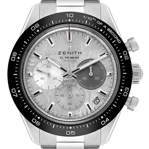 The image shows a front view of the Zenith Chronomaster 03.3120.3600/76.M3100 Men's Stainless Steel Silver Dial 03.3120.3600/76.M3100 Men's Stainless Steel Silver Dial watch, highlighting its dial, subdials, bezel, and crown.