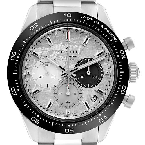 The Zenith Chronomaster 03.3120.3600/76.M3100 Men's Stainless Steel Silver Dial 03.3120.3600/76.M3100 Men's Stainless Steel Silver Dial watch is shown from the front, highlighting its dial, bezel, and side buttons.