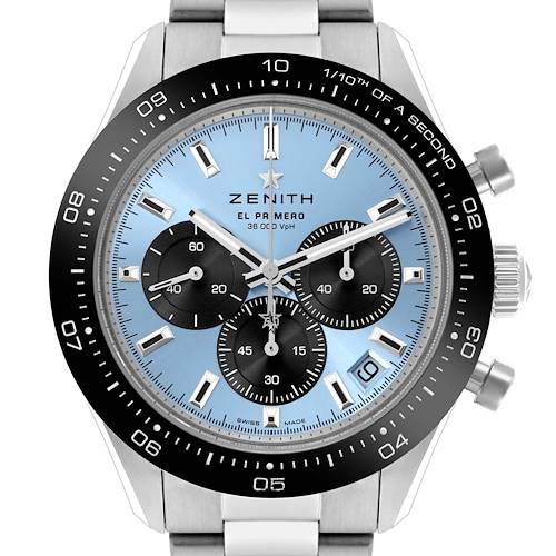 The Zenith Chronomaster 03.3104.3600/54.M3100 Men's Stainless Steel Blue Dial 03.3104.3600/54.M3100 Men's Stainless Steel Blue Dial watch is shown from a front angle, highlighting the face, bezel, and crown details.