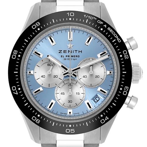The Zenith Chronomaster 03.3106.3600/55.M3100 Men's Stainless Steel Blue Dial 03.3106.3600/55.M3100 Men's Stainless Steel Blue Dial watch is shown from a front angle, displaying its dial, bezel, pushers, and crown.