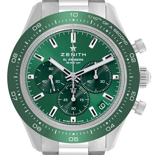The Zenith Chronomaster 03.3107.3600/56.M3100 Men's Stainless Steel Green Dial 03.3107.3600/56.M3100 Men's Stainless Steel Green Dial watch is shown from the front, highlighting the green dial, bezel, sub-dials, and crown.