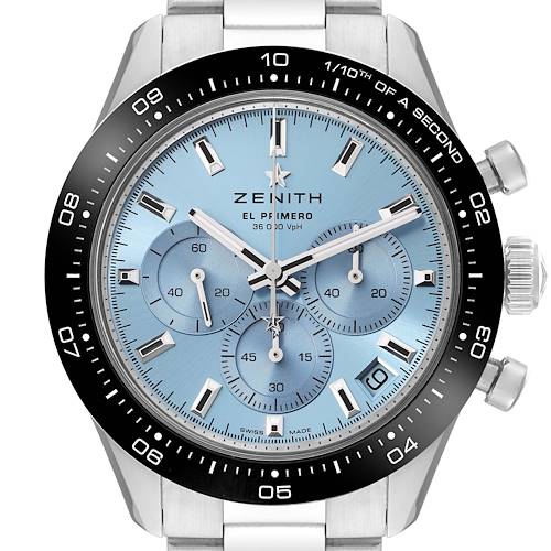 The image shows a close-up front view of the Zenith Chronomaster 03.3105.3600/52.M3100 Men's Stainless Steel Blue Dial 03.3105.3600/52.M3100 Men's Stainless Steel Blue Dial El Primero watch, highlighting its dial, subdials, bezel, and crown.