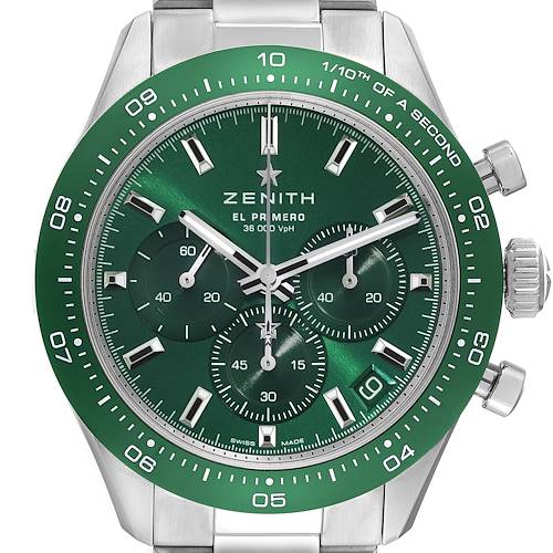 This image shows a frontal view of the Zenith Chronomaster 03.3107.3600/56.M3100 Men's Stainless Steel Green Dial 03.3107.3600/56.M3100 Men's Stainless Steel Green Dial watch with its green bezel, dial, and stainless steel bracelet.