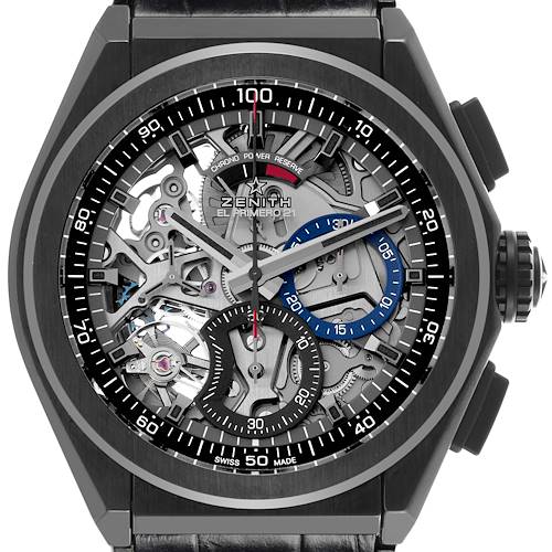 The image shows a front view of the Zenith Defy 49.9000.9004/78.R782 Men's Ceramic Champagne Dial 49.9000.9004/78.R782 Men's Ceramic Champagne Dial watch, highlighting its skeleton dial and inner mechanics.