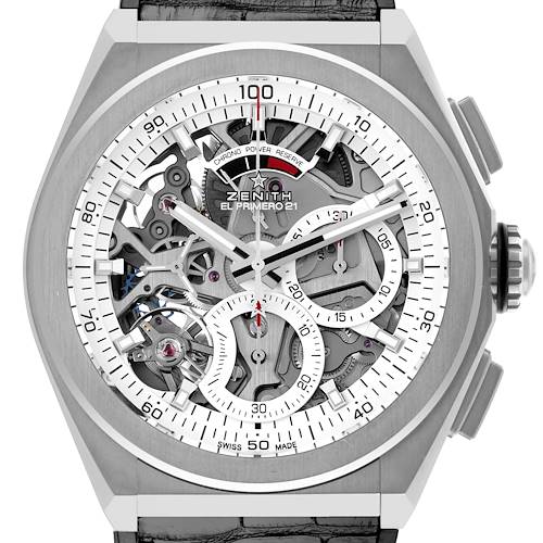 The Zenith Defy 95.9003.9004/78.R588 Men's Titanium Transparent Dial 95.9003.9004/78.R588 Men's Titanium Transparent Dial watch is shown from a front angle, highlighting its open-work dial and chronograph features.