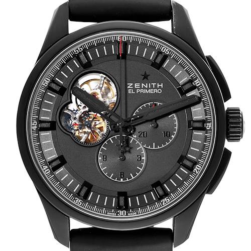 The Zenith El Primero 96.2260.4061/21.R575 Men's Titanium Black Dial 96.2260.4061/21.R575 Men's Titanium Black Dial watch is shown from a front angle, displaying its dial, hands, subdials, and exposed movement.