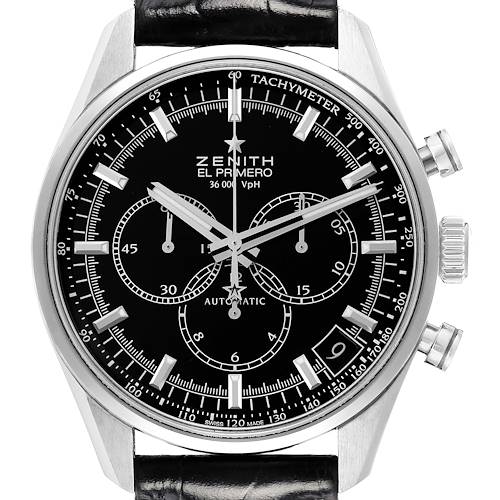 The image shows a front view of the Zenith Chronomaster model 03.2080.400/21.C496, highlighting the black dial, subdials, tachymeter scale, and black leather strap.