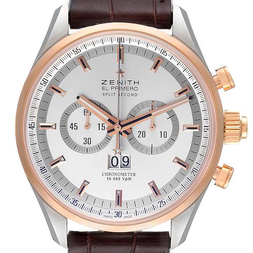 The image shows a Zenith El Primero 51.2050.4026/01.C631 Men's Rose Gold Silver Dial 51.2050.4026/01.C631 Men's Rose Gold Silver Dial watch face straight-on, highlighting the dial, subdials, bezel, and crown.