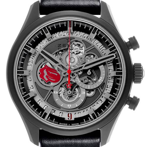 The Zenith El Primero 49.2521.400/98.C755 Men's Ceramic Grey Dial 49.2521.400/98.C755 Men's Ceramic Grey Dial watch is shown from the front, displaying its detailed skeleton dial and chronograph elements.